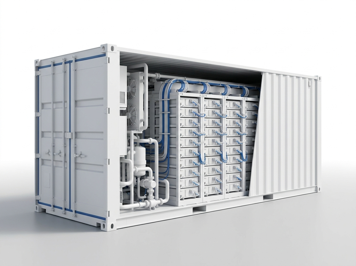 BESS container cutaway showing internal battery modules and cooling systems